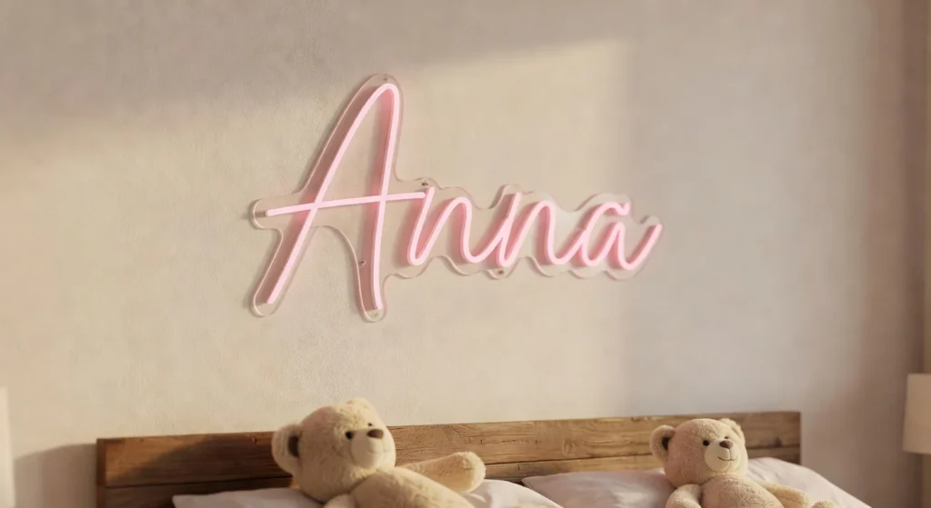 Personalisiertes LED Neonschild mit dem Namen Anna in einem Münchner Schlafzimmer