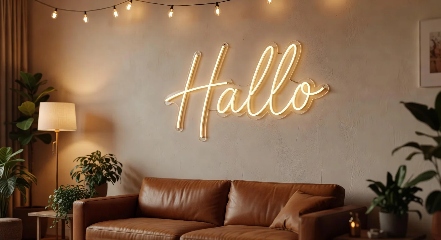 LED Neonschild Hallo in einer Berliner Wohnung
