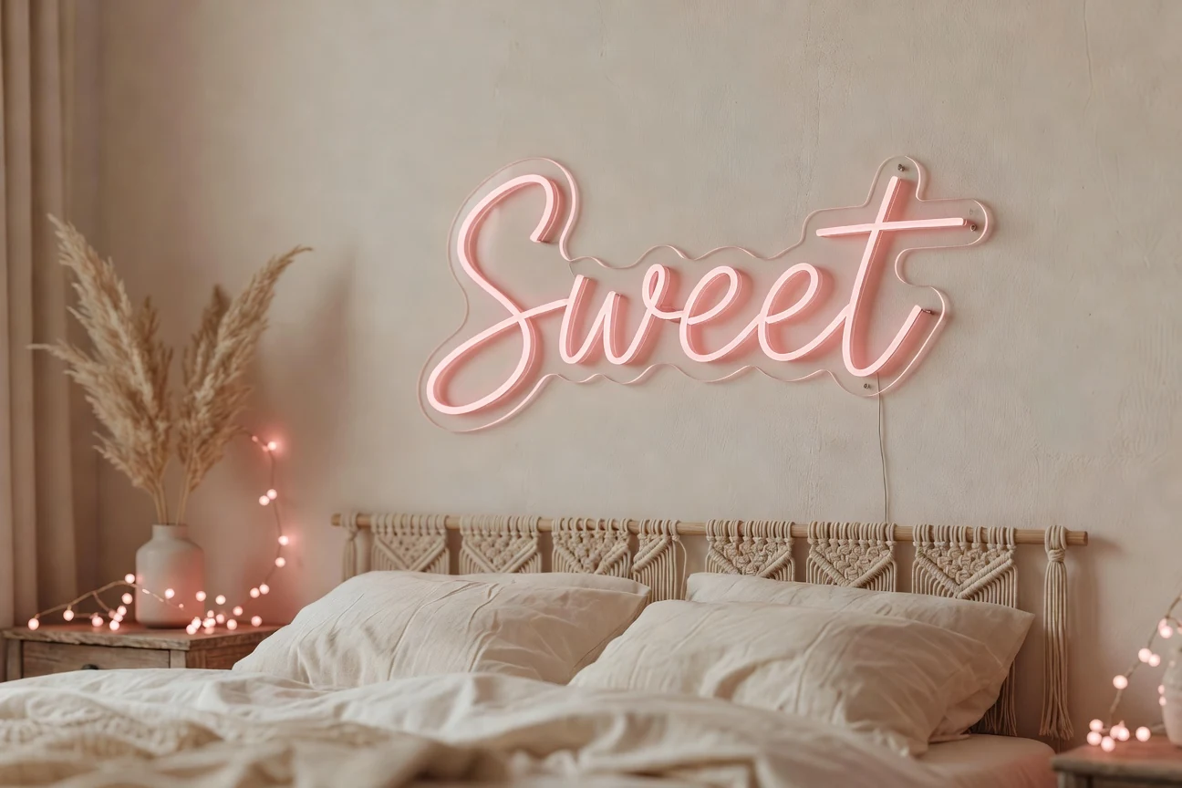 Néon LED rose au-dessus du lit dans une chambre cocooning au style bohème