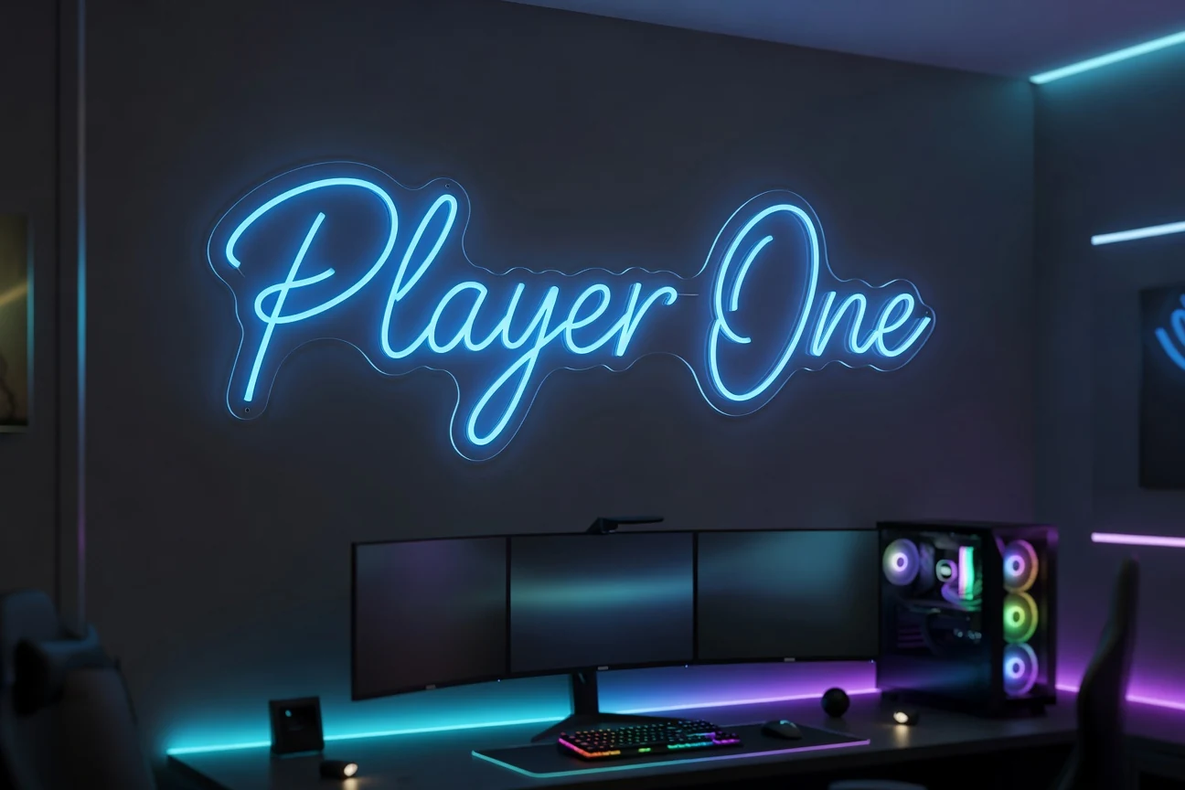 Néon LED Player One bleu cyan au-dessus d'un setup gaming RGB triple écran