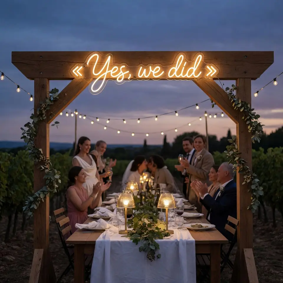 Mariage en vignoble au crépuscule sous néon LED extérieur IP65 « Yes, we did » fixé sur arche en bois massif, événementiel outdoor garantie 3 ans Helioneon