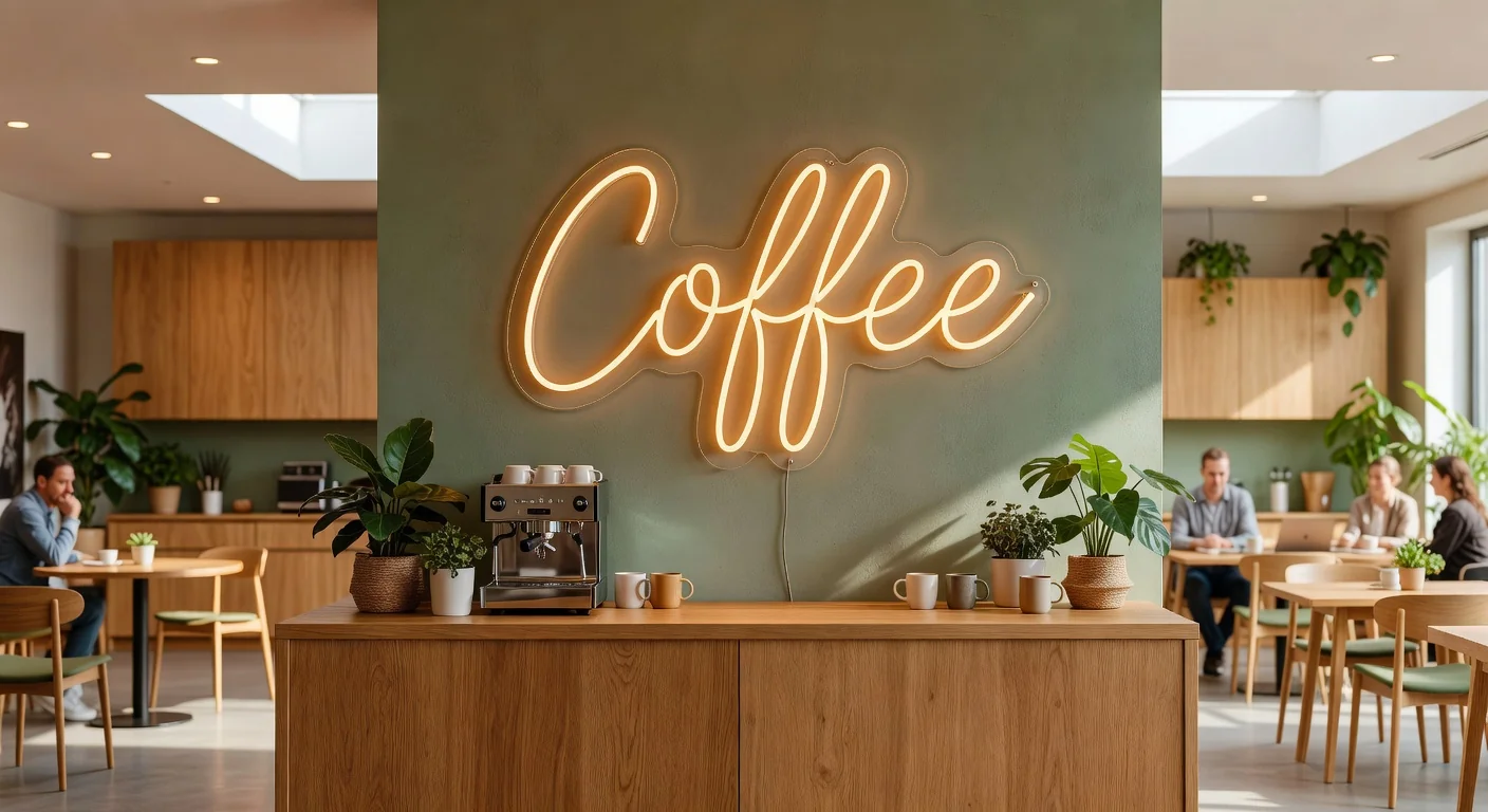 Néon LED Coffee ambre en cafétéria d'entreprise, espace pause team friendly