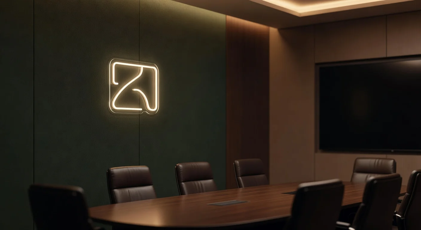 Néon LED logo discret en salle de réunion corporate, fond de visioconférence Zoom Teams