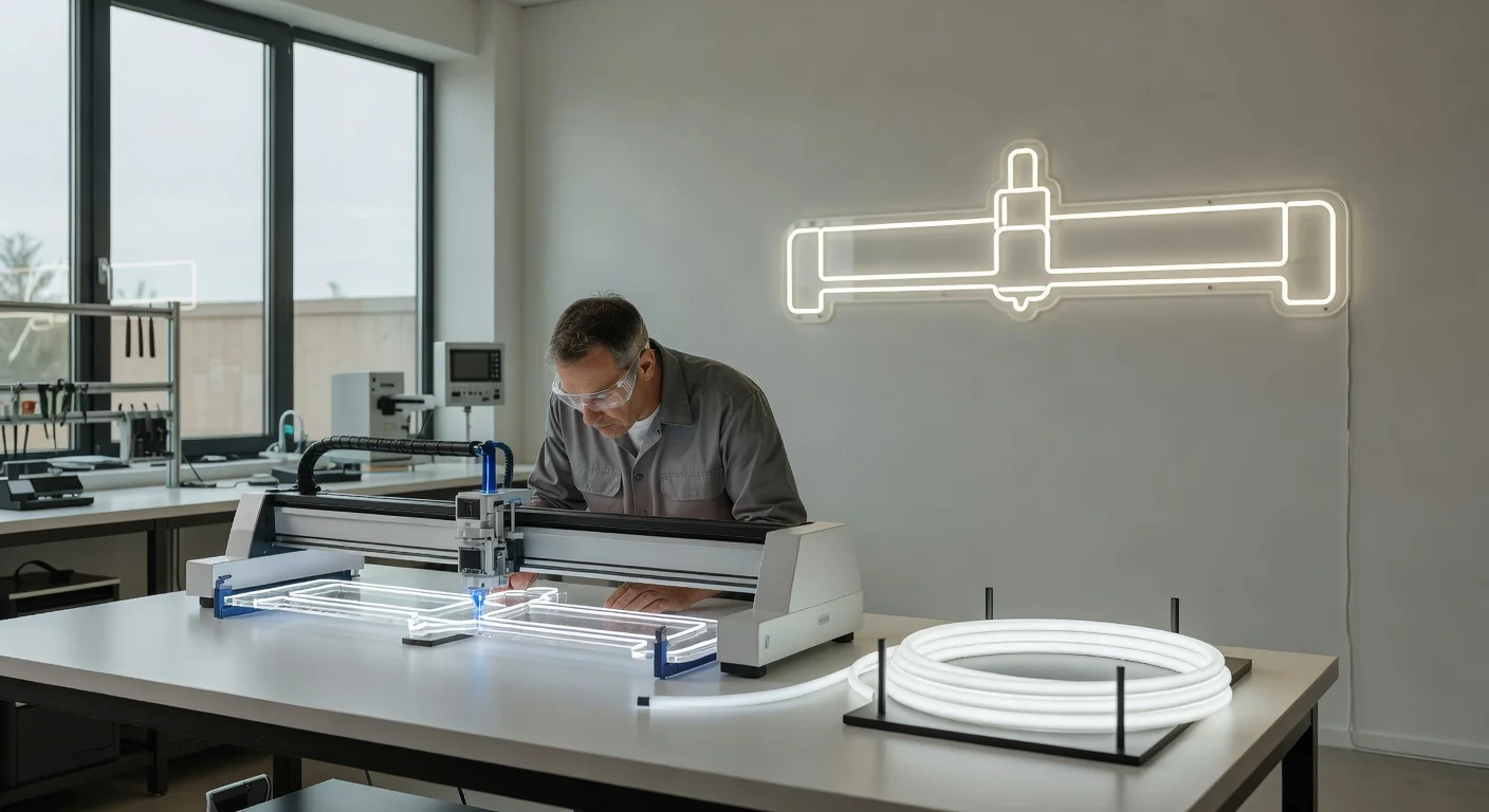 Artesano vidriero formando un tubo neón gas tradicional