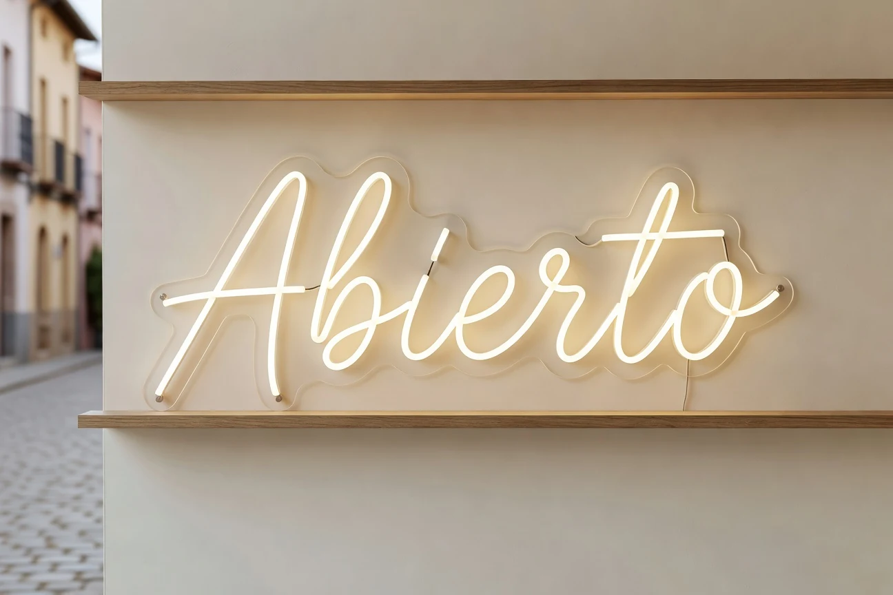 Letrero neón LED Abierto en escaparate de cafetería en Madrid