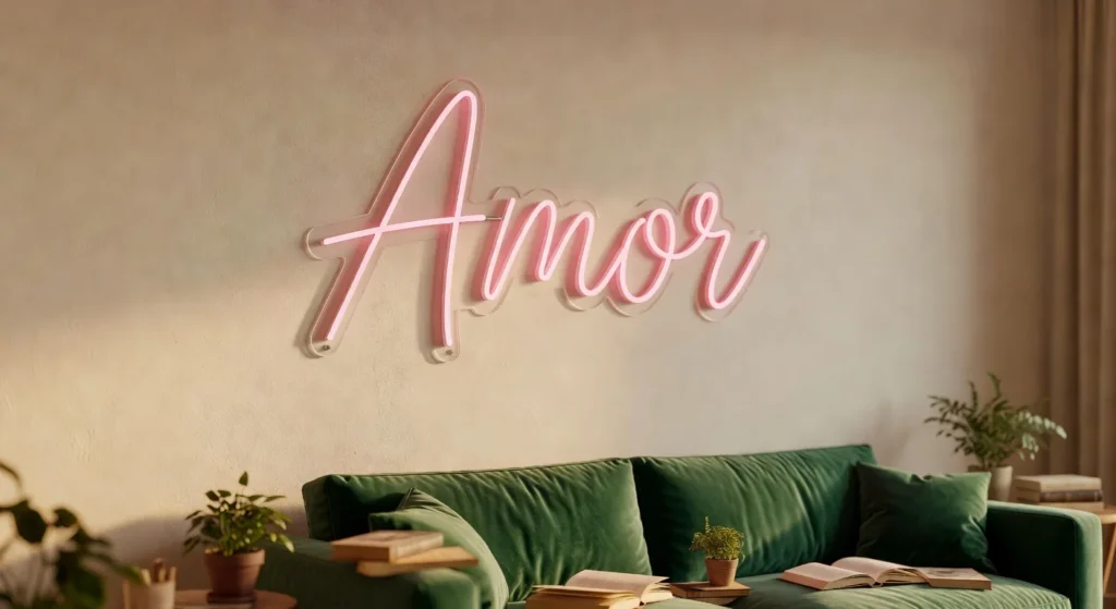 Letrero neón LED Amor en un apartamento de Madrid