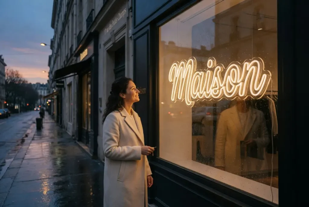 Néon LED suspendu en vitrine de commerce