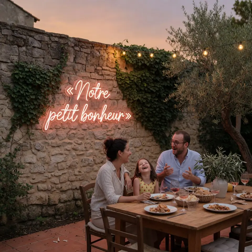 Famille dînant au jardin de Provence sous néon LED extérieur IP65 « Notre petit bonheur » fixé sur mur de pierres anciennes, déco extérieure résistante UV intempéries Helioneon