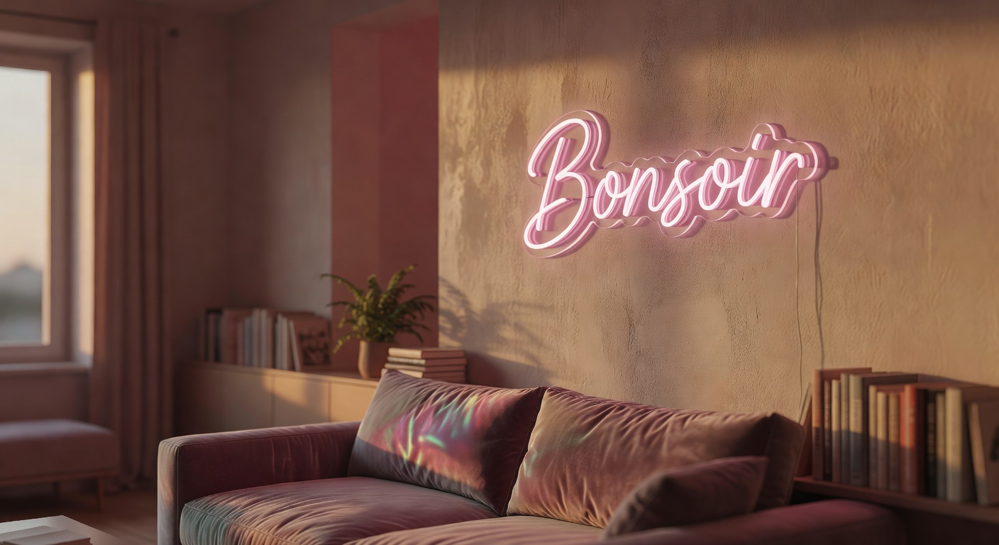 Néon LED forme « Bonsoir » rose dans un salon moderne français à l'heure dorée