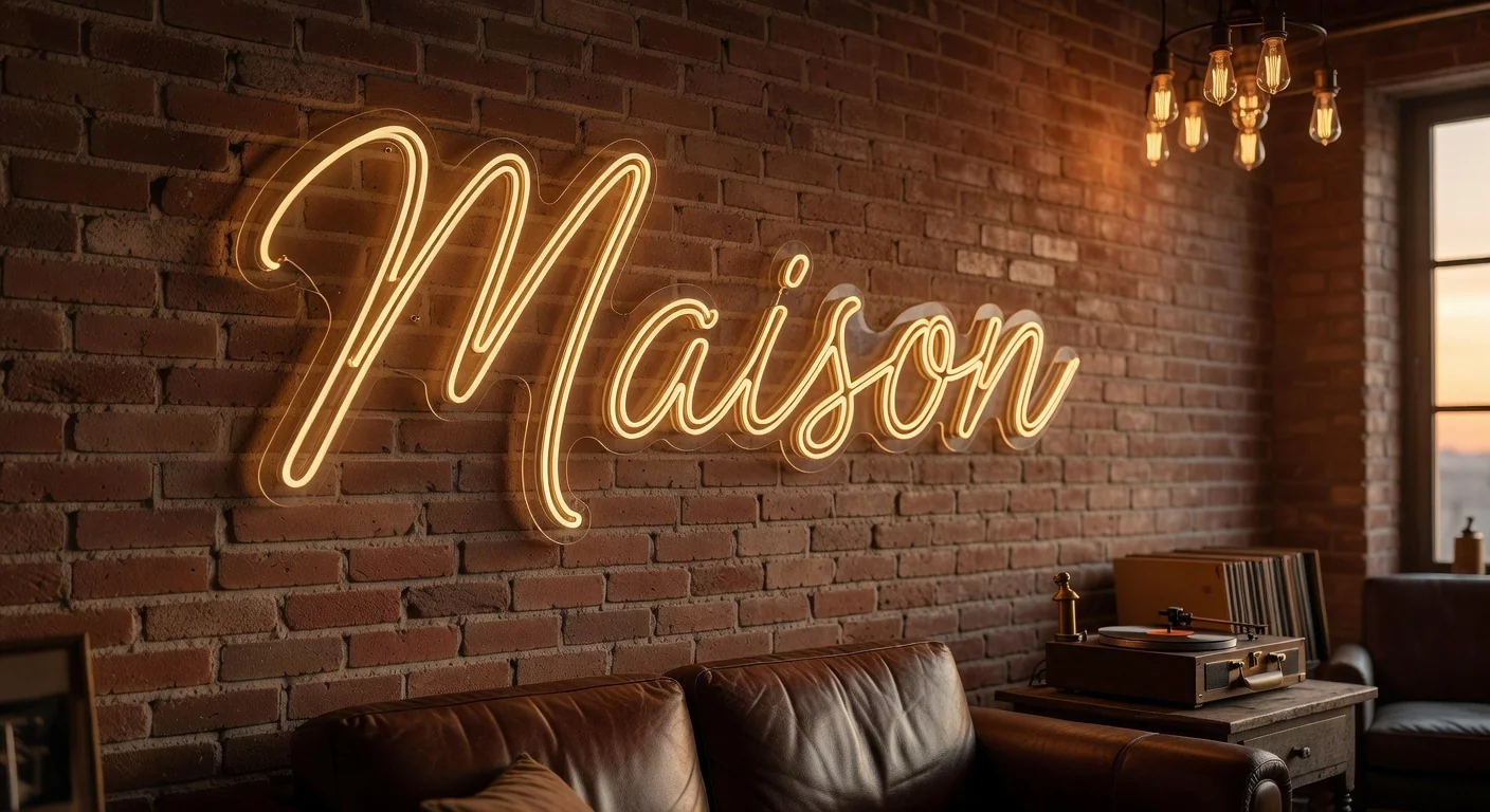 Néon LED ambre Maison dans un salon industriel vintage