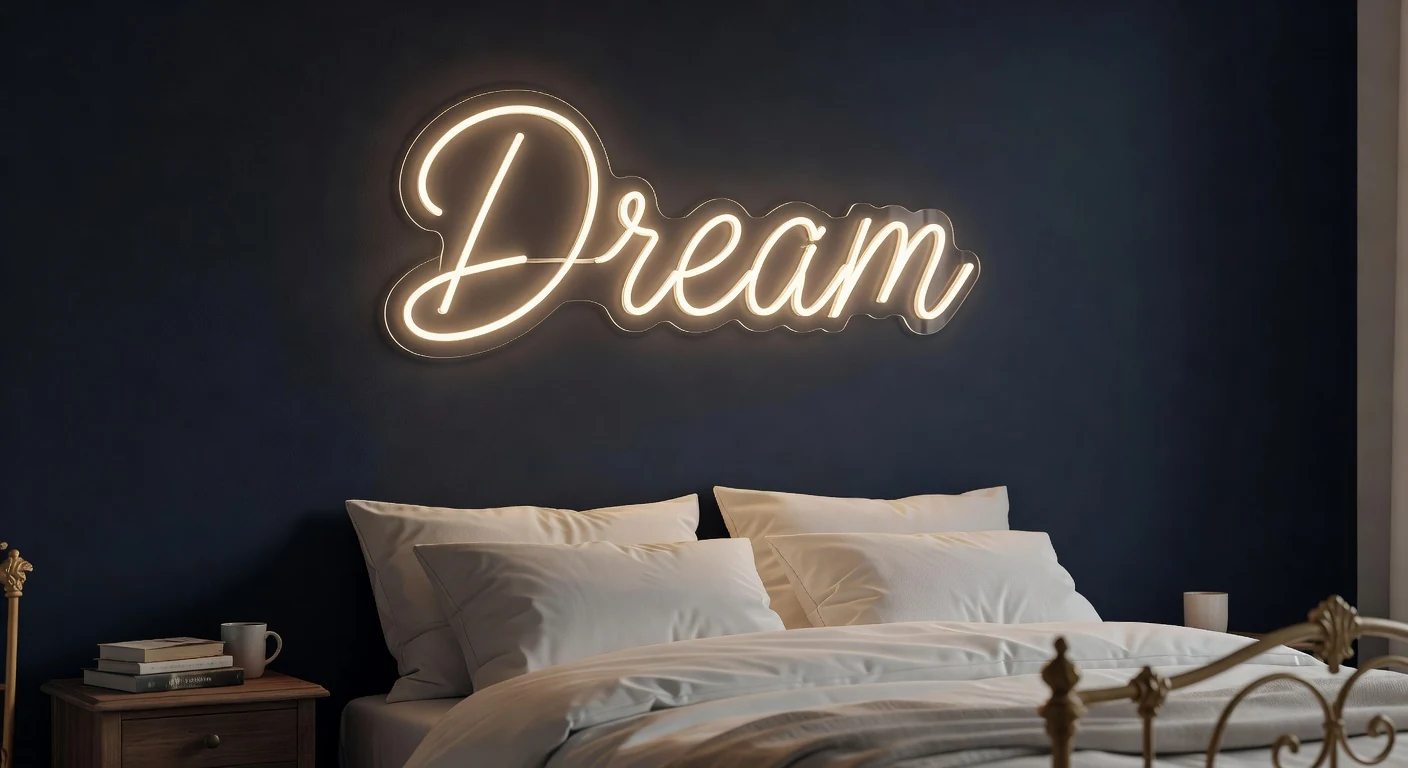 Comment décorer sa chambre avec un néon LED Dream blanc chaud tête de lit mur navy