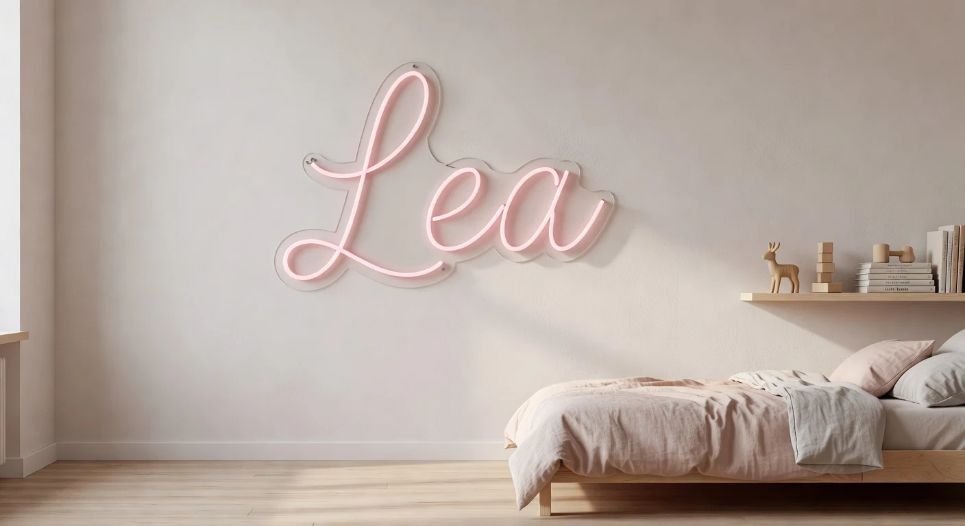 Décoration chambre enfant néon LED prénom Léa rose pastel scandinave