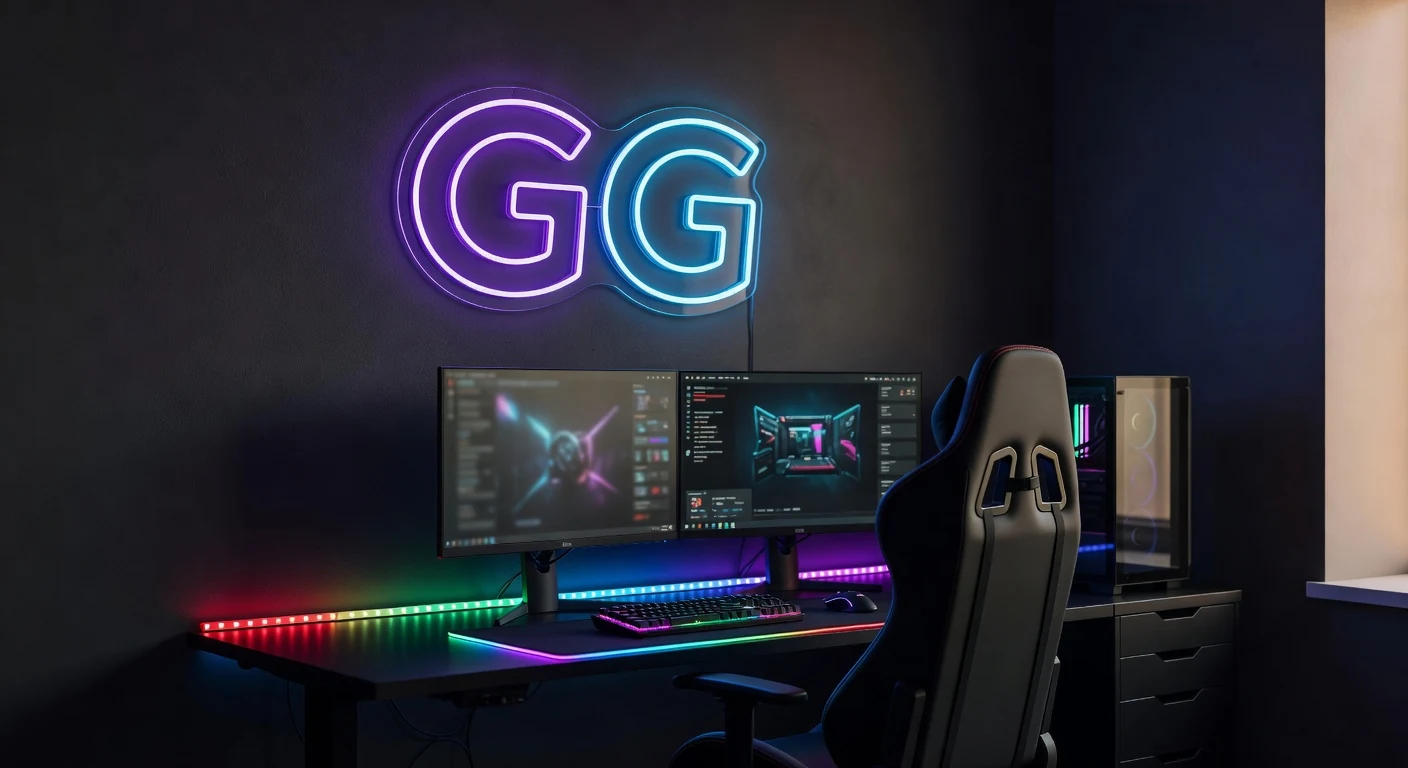 Comment décorer son setup gaming néon LED GG violet cyan derrière écran RGB