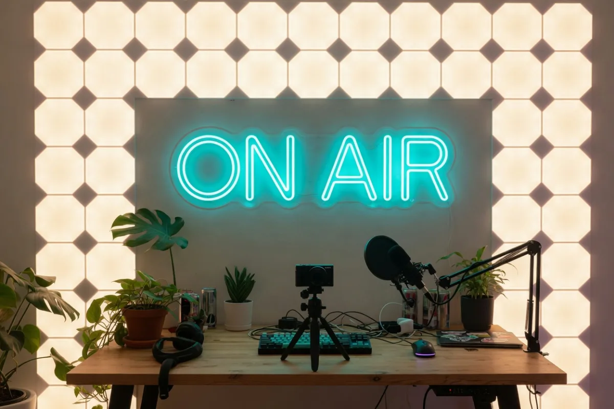 Setup gaming streaming Twitch néon LED cyan caméra microphone