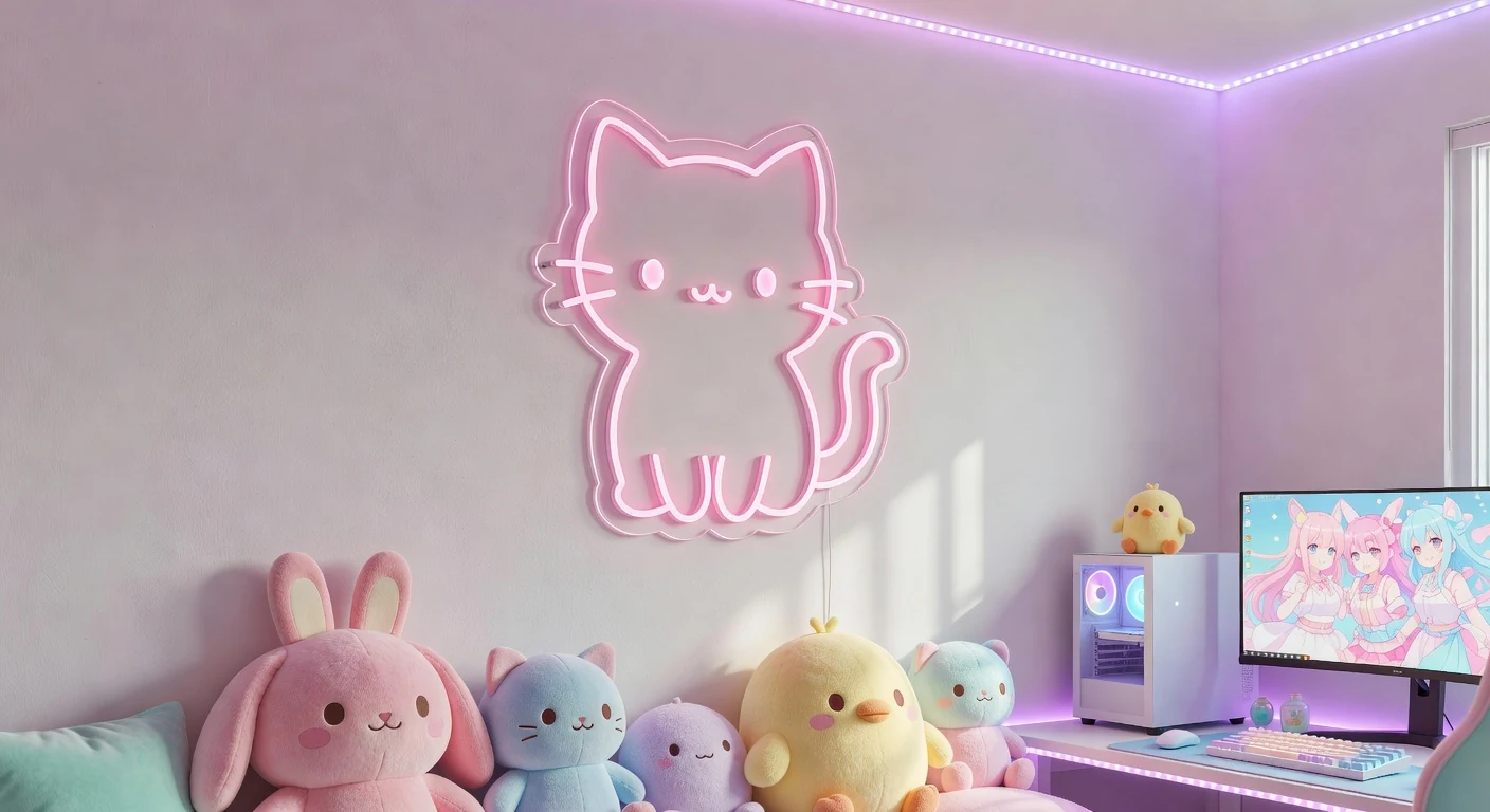 Setup gaming kawaii anime néon LED chat rose pastel RGB