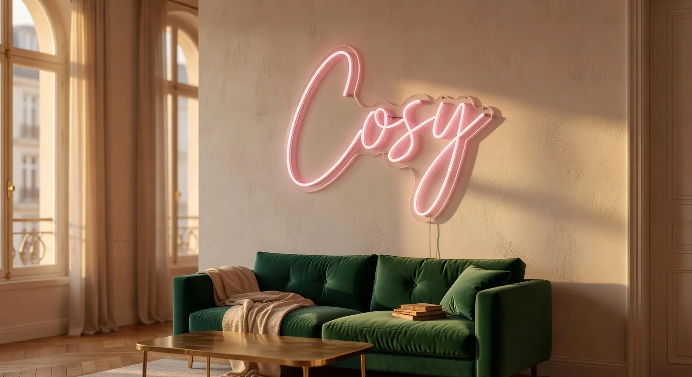 Néon LED rose Cosy dans un salon parisien à l'heure dorée