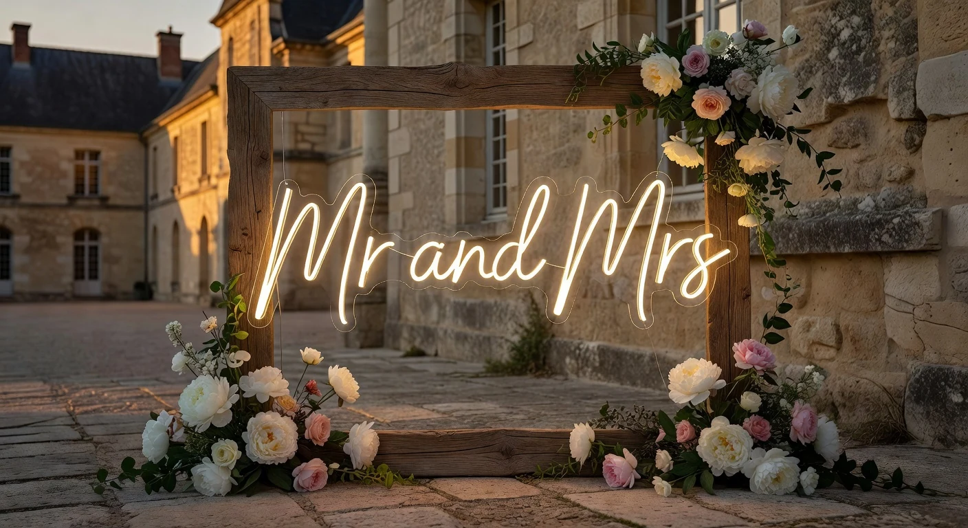 Idées déco mariage néon LED Mr and Mrs photobooth château français campagne