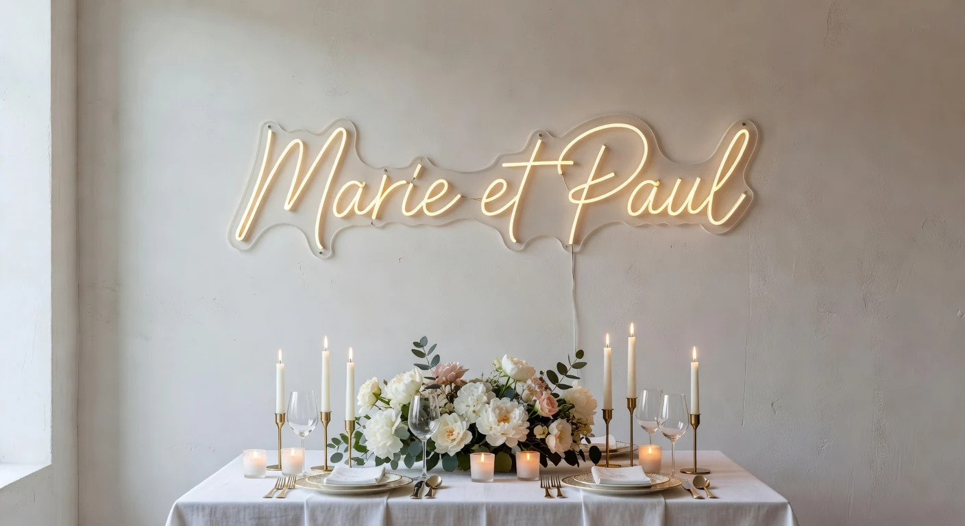 Idée néon LED mariage personnalisé prénoms Marie et Paul table honneur fleurs