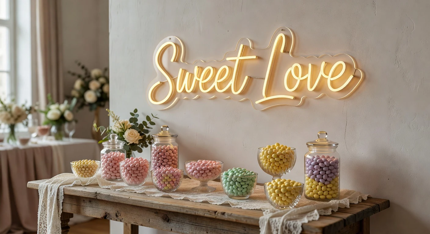 Décoration mariage candy bar néon LED Sweet Love doré bonbons