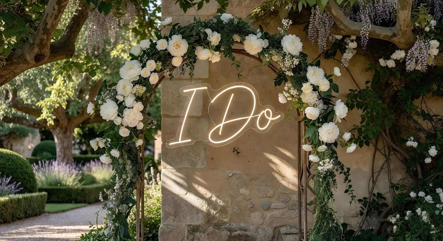 Néon LED mariage cérémonie arche I Do fleurs blanches jardin français