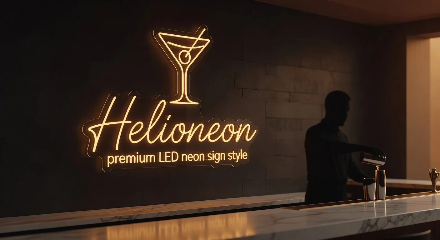 Néon LED bar cocktails logo doré intérieur ambiance marbre
