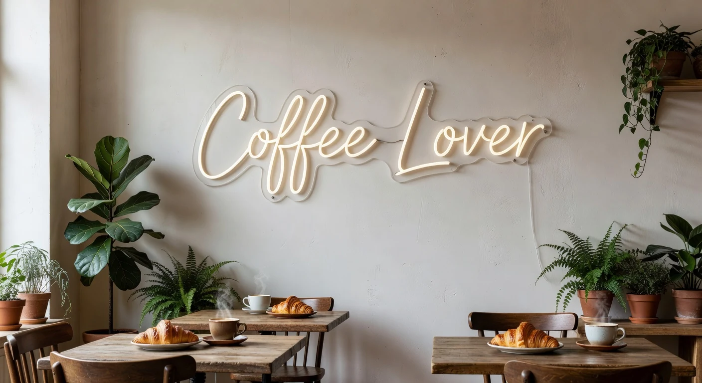 Néon LED café spécialité Coffee Lover blanc chaud plantes bois