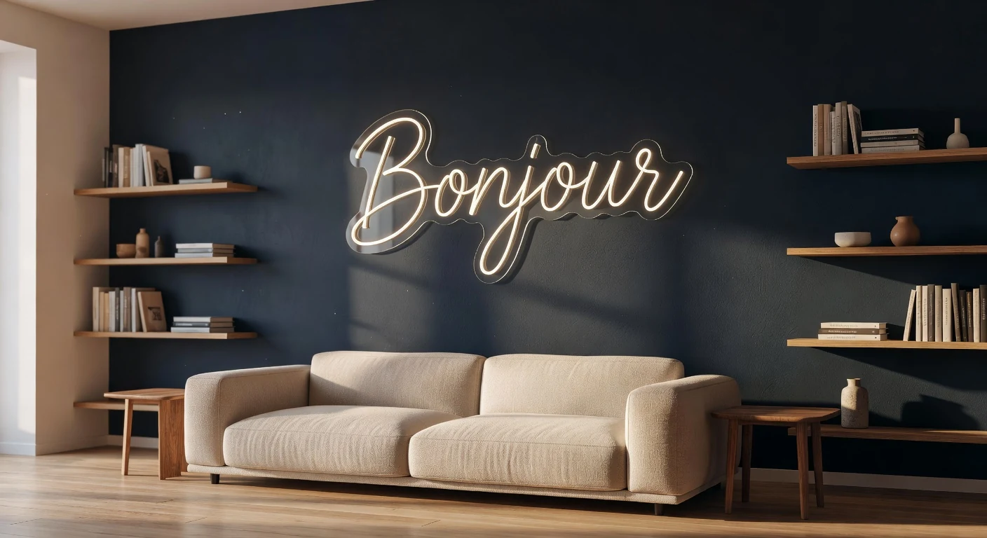 Tendances néon LED 2026 dans un salon parisien avec néon Bonjour blanc chaud mur navy