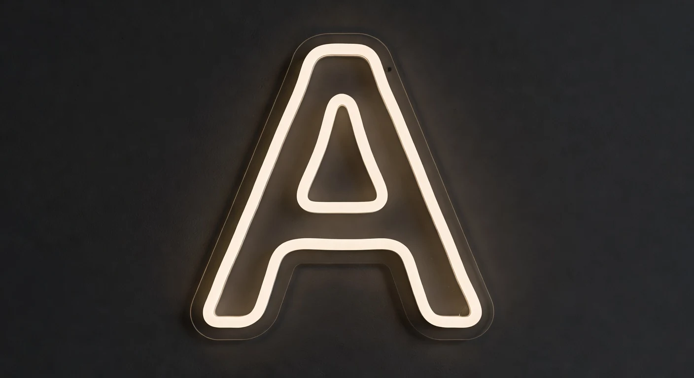 Détail macro lettre A en néon LED 2026 sur tube silicone monoline support acrylique
