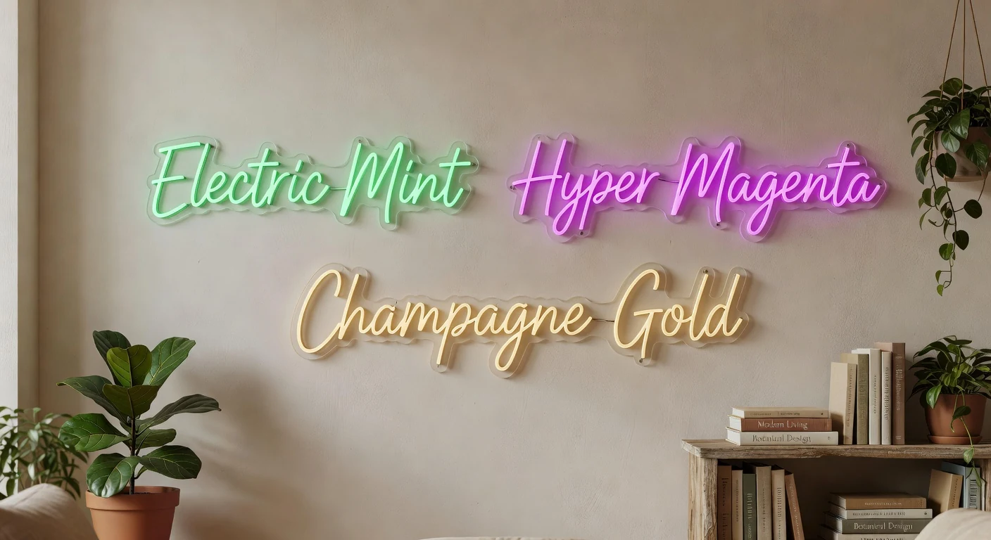 Trois néons LED tendance 2026 Electric Mint Hyper Magenta doré champagne mur beige
