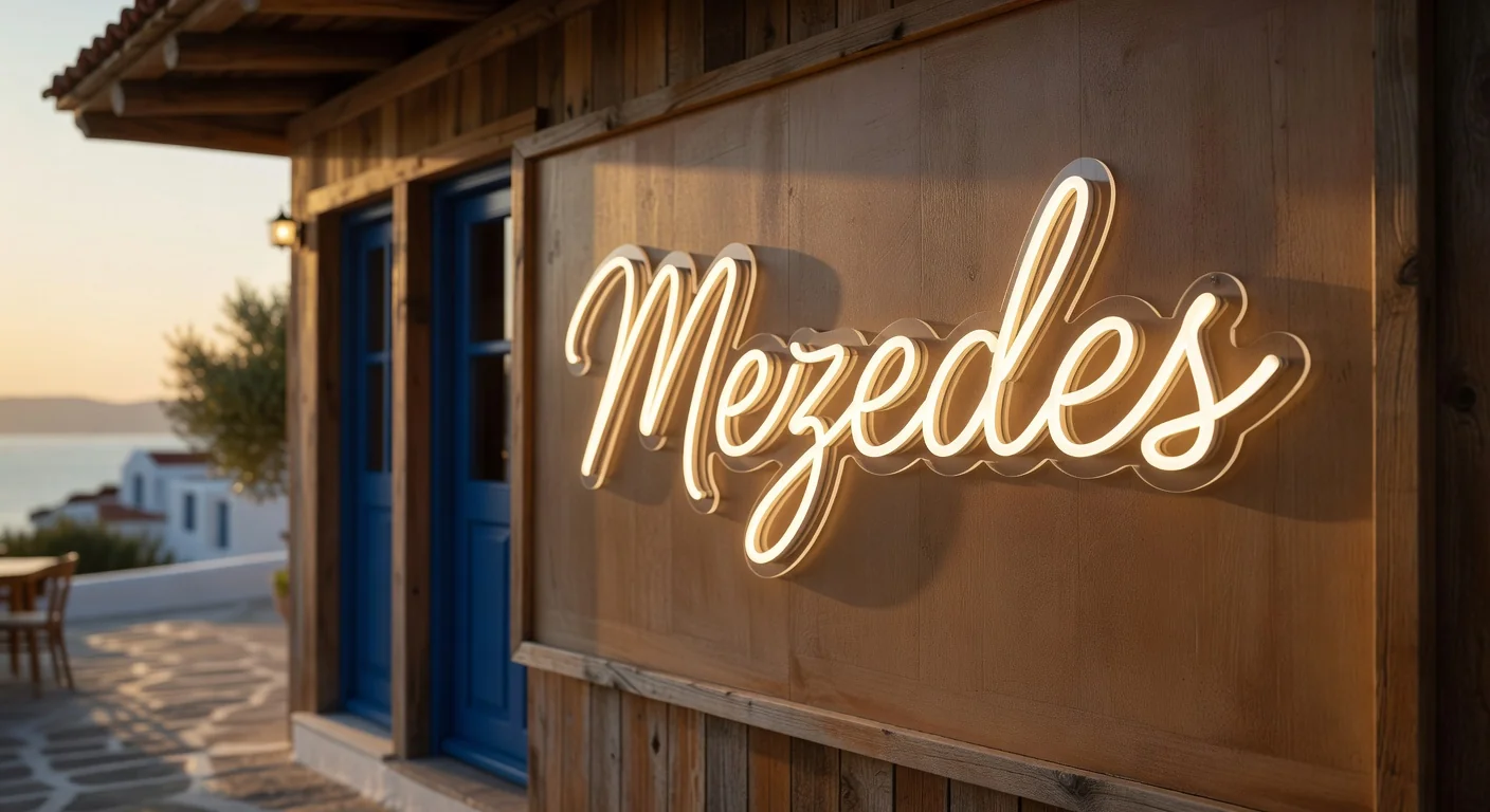 LED neon εξωτερικό IP65 Mezedes σε ελληνικό εστιατόριο νησιού