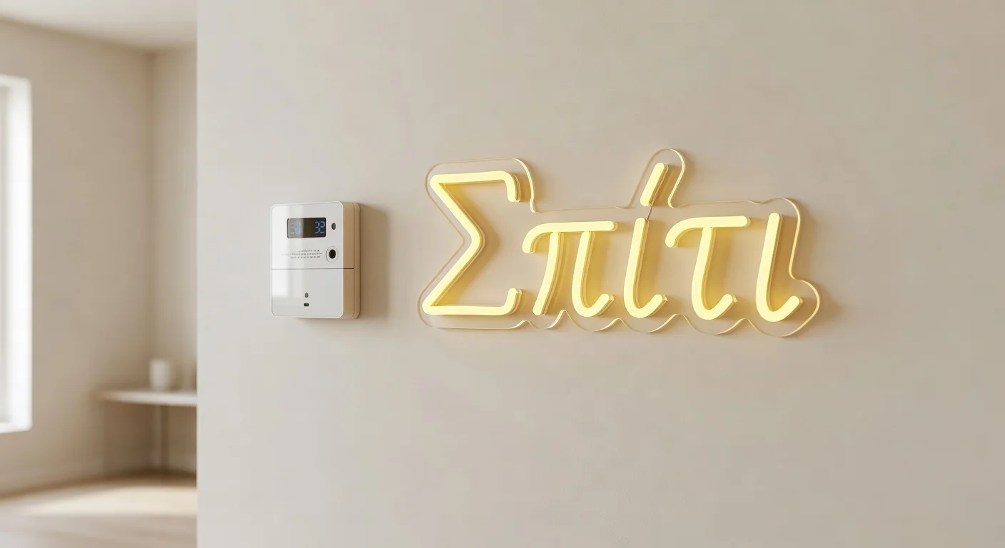 Ελληνικός μετρητής ρεύματος και LED neon Σπίτι που εικονογραφεί την κατανάλωση