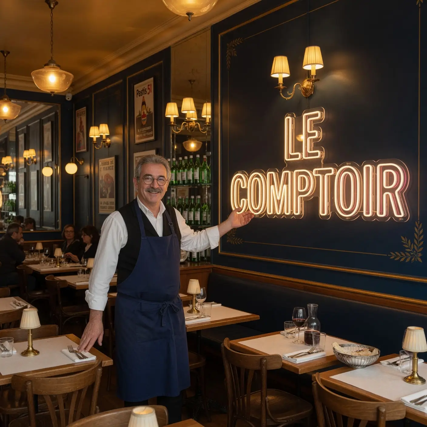Néon LED en terrasse couverte de restaurant, ambiance dorée pour service du soir et apéritif