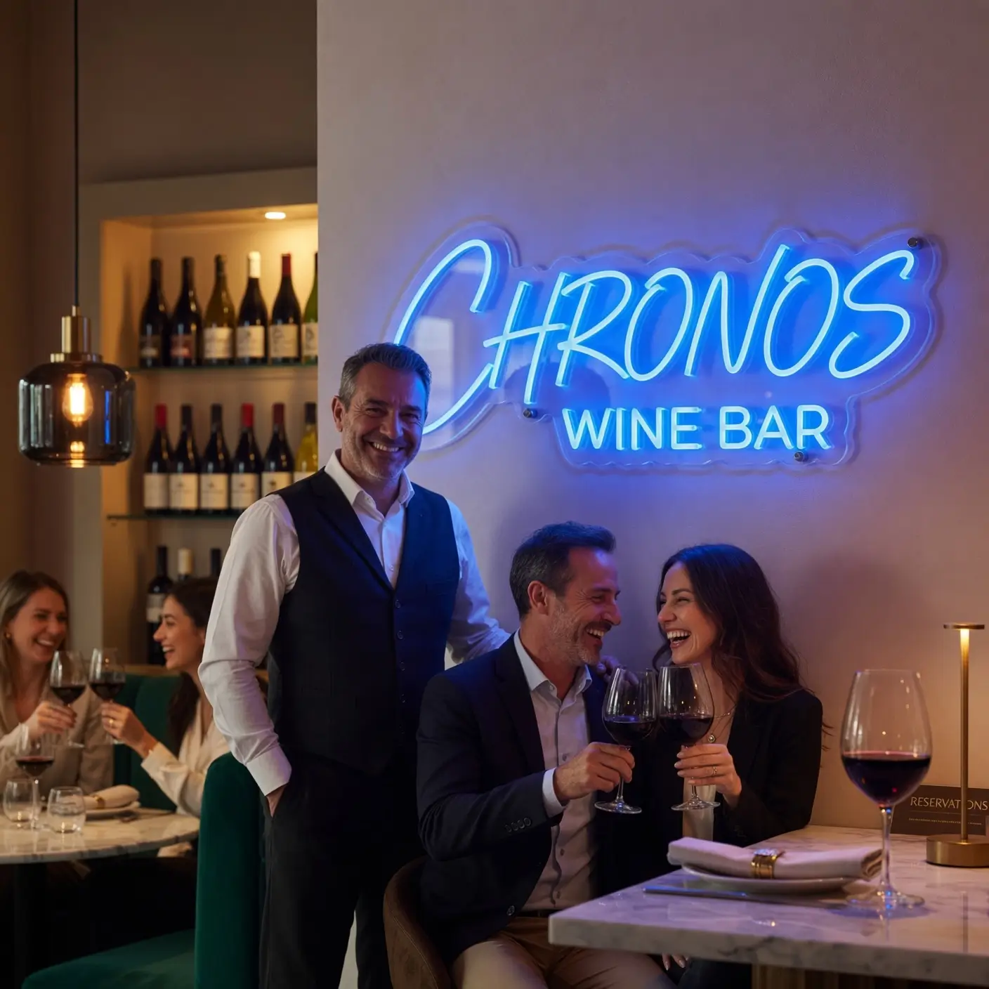 Néon LED suspendu dans un bar speakeasy premium, signature blanc chaud