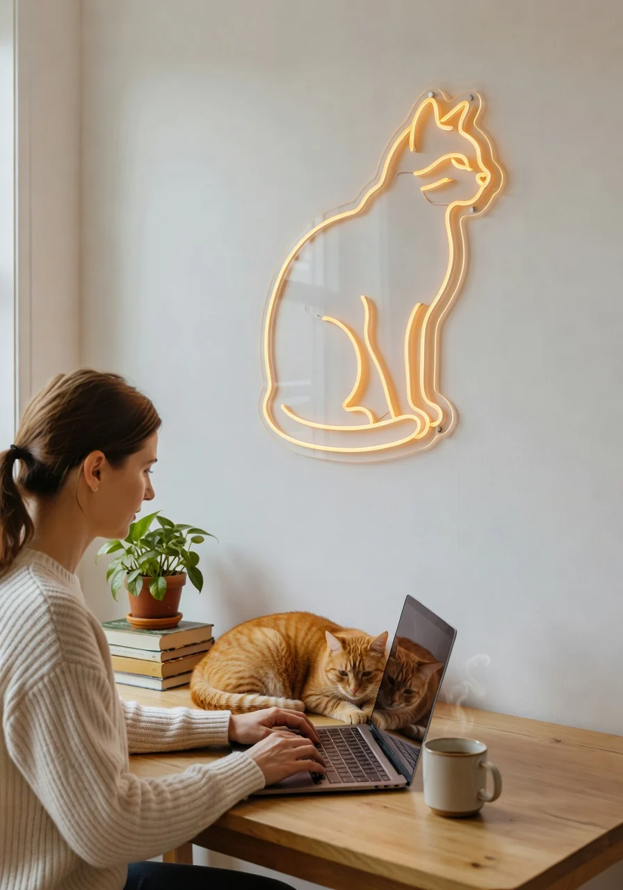 Néon photo Mochi le chat roux home office