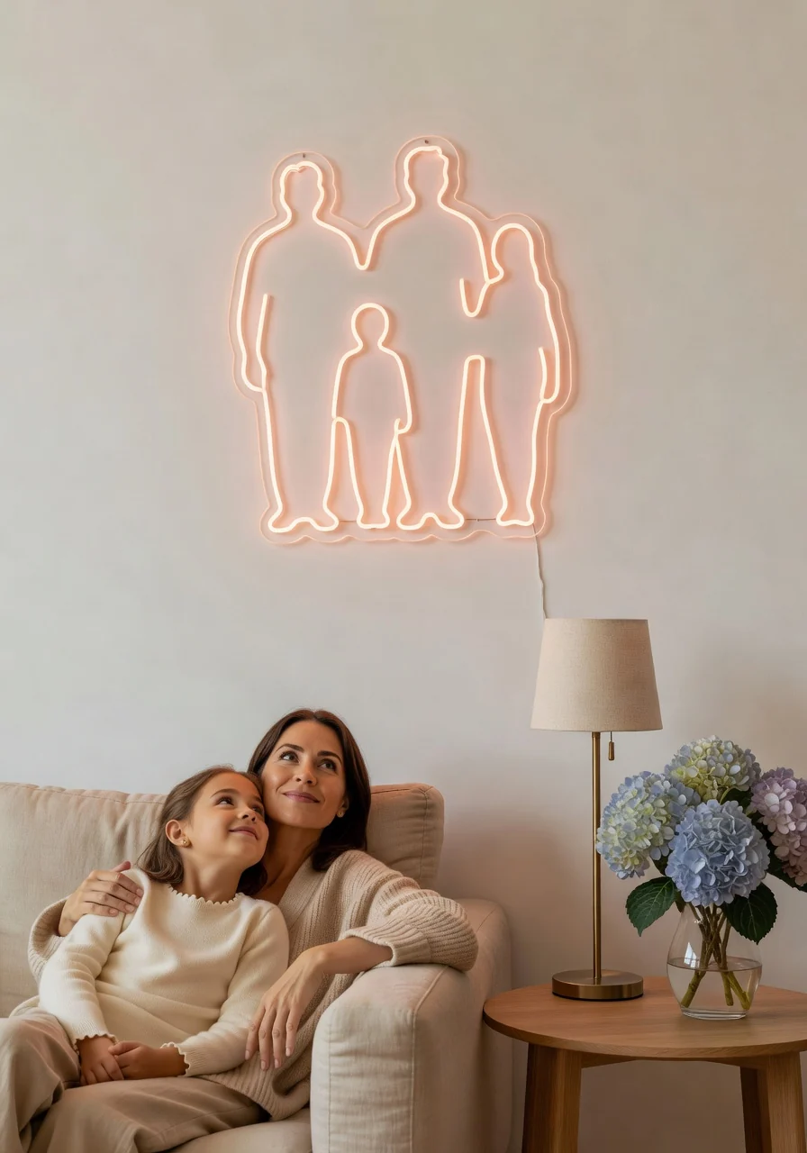 Mère et fille admirant un néon LED personnalisé photo silhouette famille en intérieur premium, cadeau souvenir Helioneon garantie 3 ans