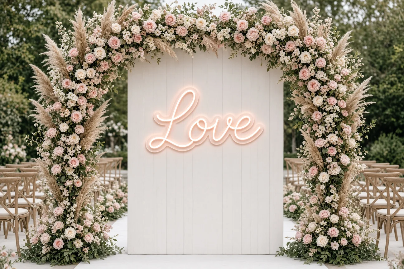 Néon LED Love rose pâle sur une arche fleurie de cérémonie mariage en plein air