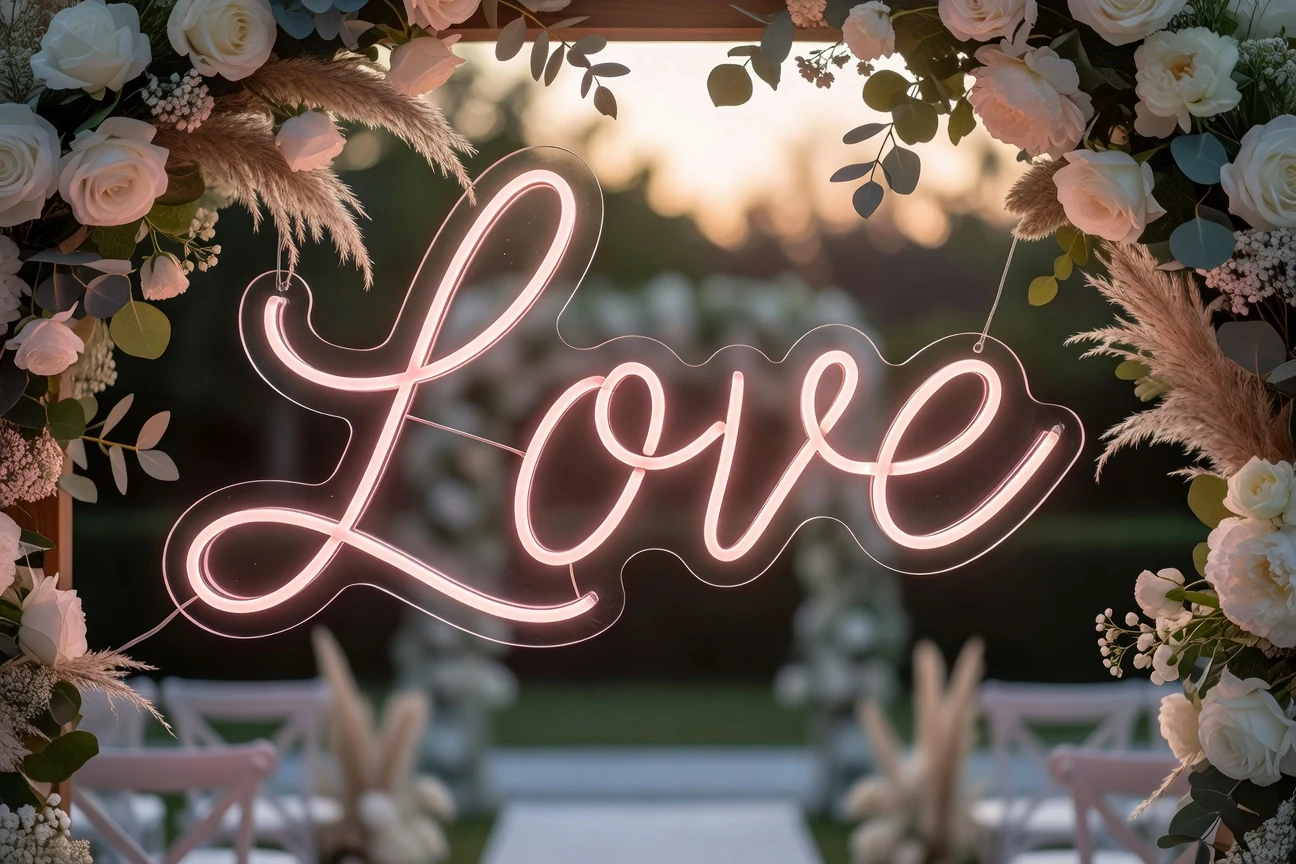 Néon LED Love rose pâle sur une arche fleurie de cérémonie mariage en plein air