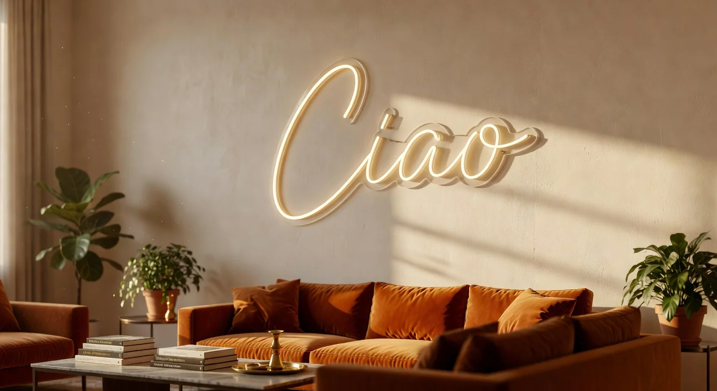 Neon LED Ciao in un soggiorno milanese all'ora dorata