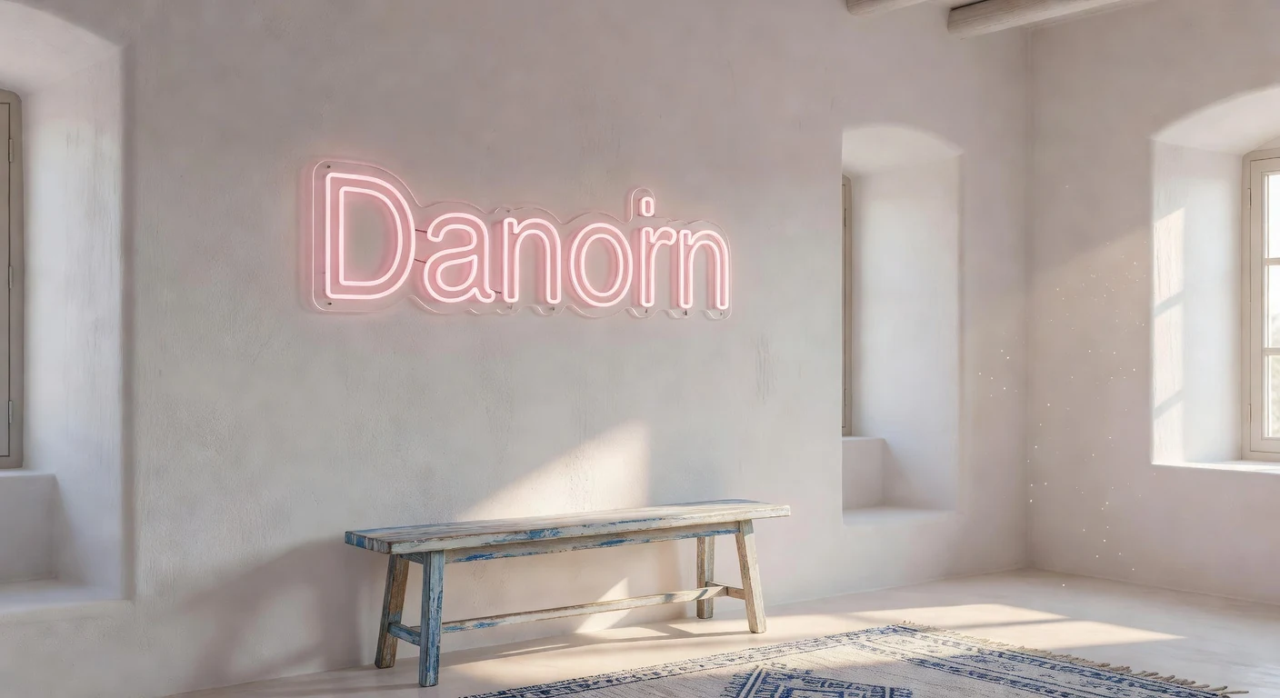 Ροζ led neon σε ασβεστωμένο τοίχο σε βίλα στη Μύκονο