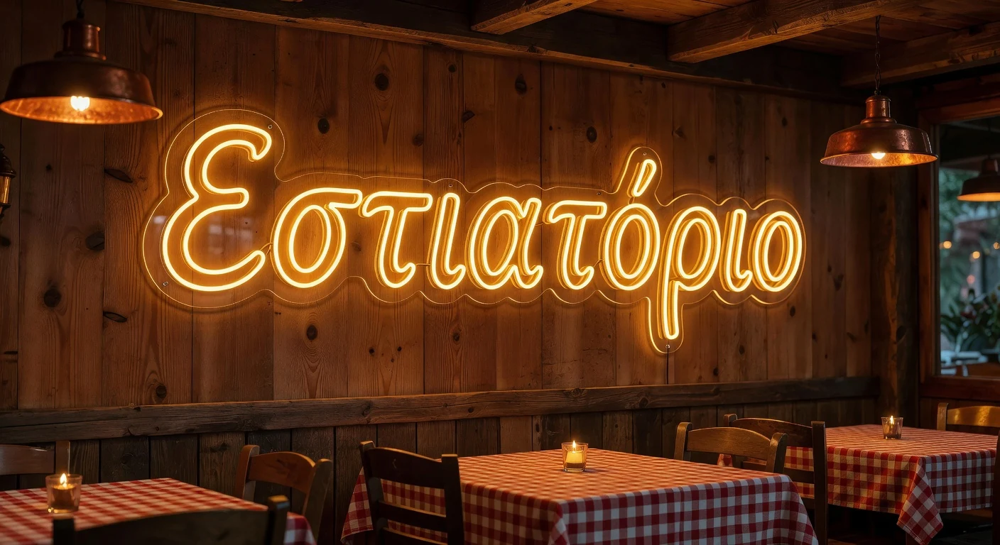 Πορτοκαλί led neon σε ξύλινο πάνελ σε ελληνική ταβέρνα
