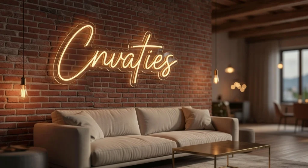 Led neon στον τοίχο από τούβλα σε loft στην Αθήνα