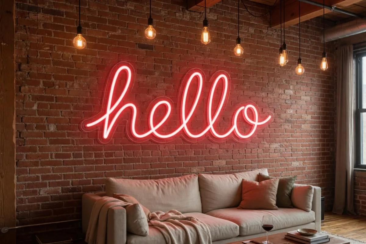 Led neon στον τοίχο από τούβλα σε loft στην Αθήνα