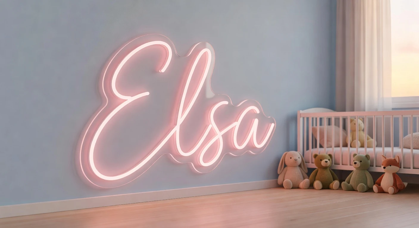 LED-skylt egen text Hej i ljus skandinavisk vardagsrum