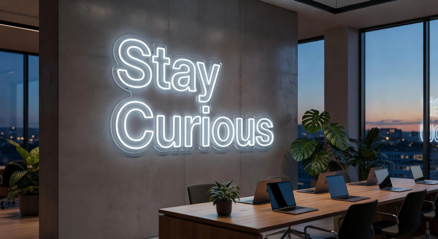 LED-skylt egen text i kreativt kontor med tegelvägg