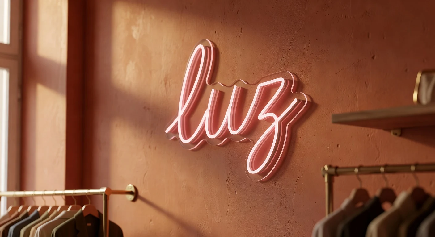 Letreiro neon dourado em parede de tijolo num bistrô em Lisboa