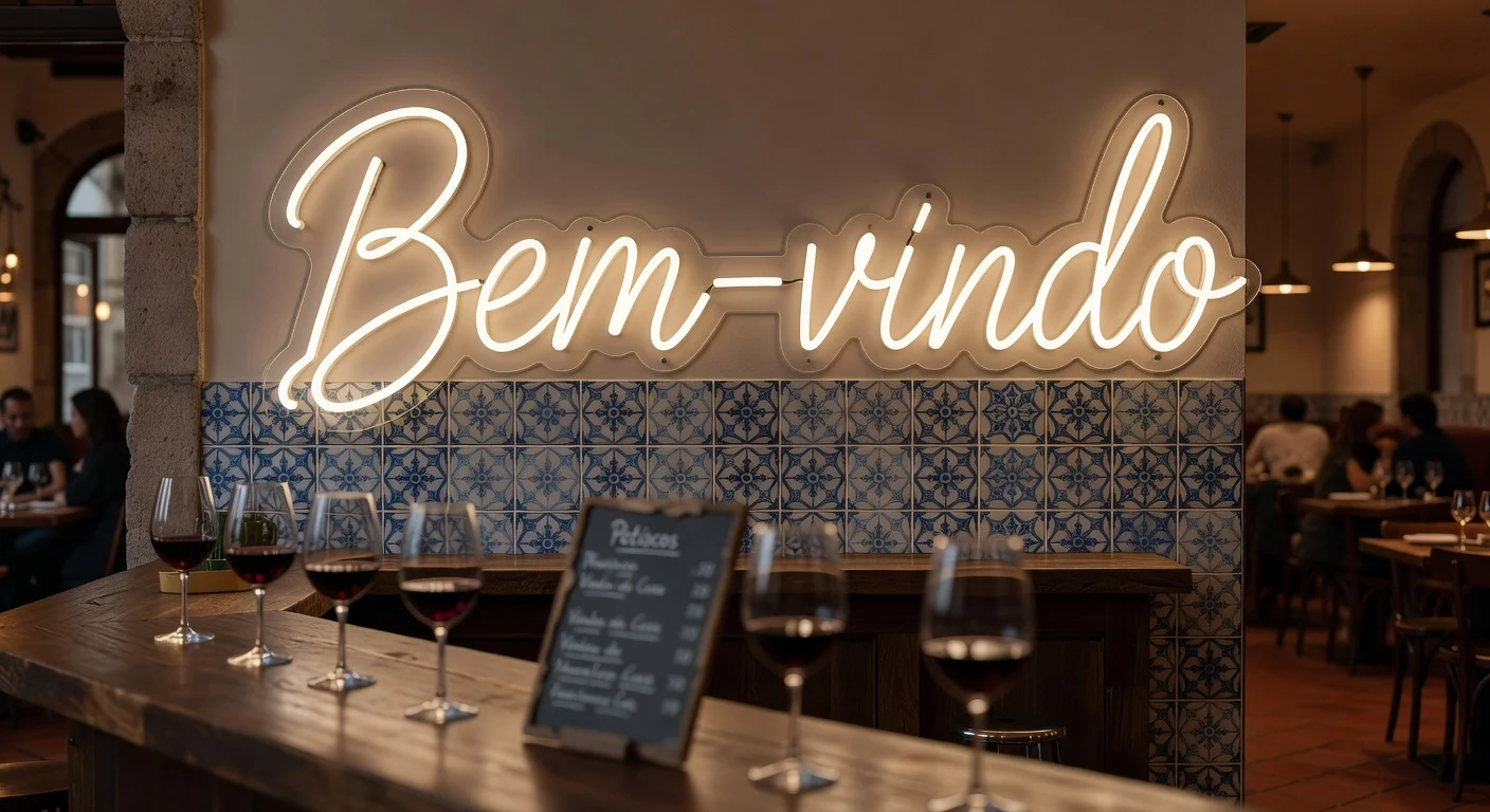Letreiro neon rosa numa boutique no Chiado ao entardecer