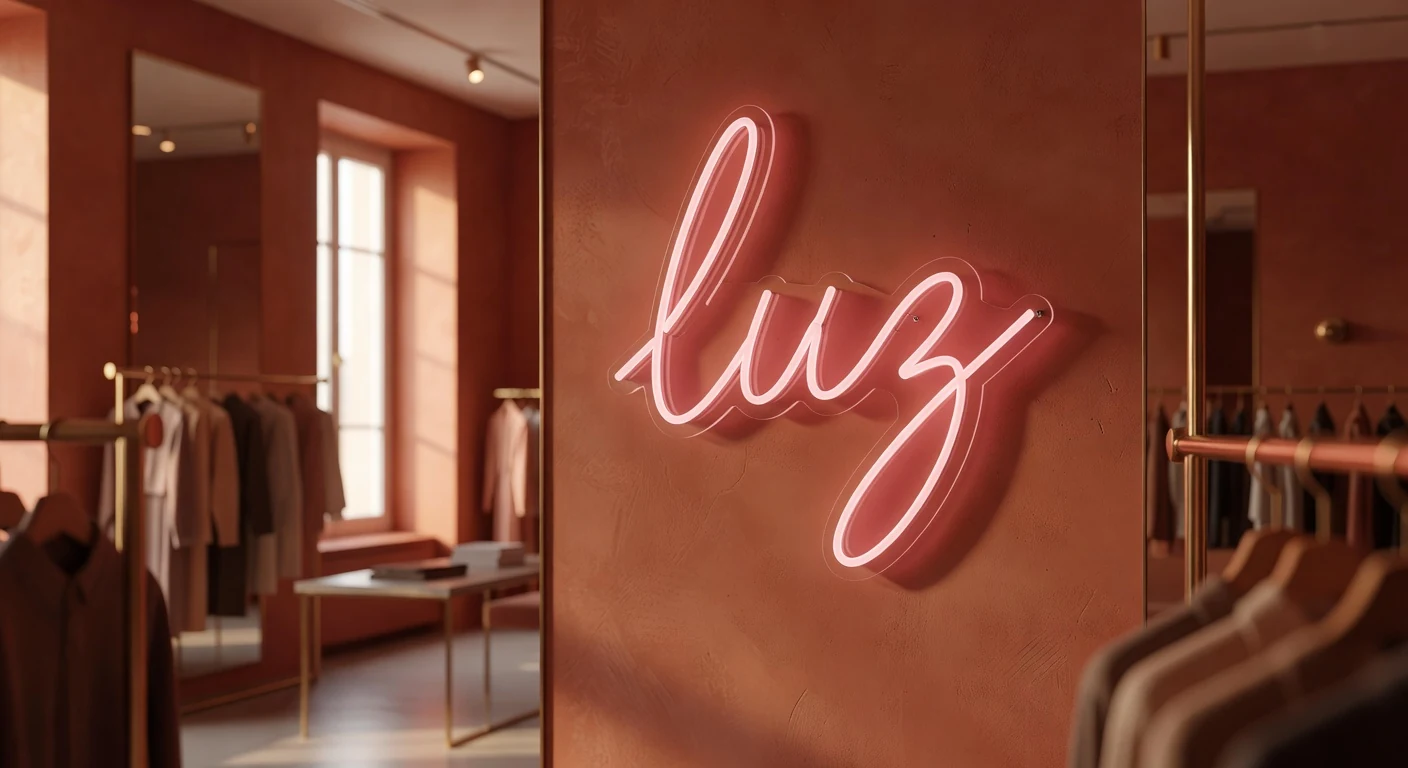 Letreiro neon dourado em parede de tijolo num bistrô em Lisboa