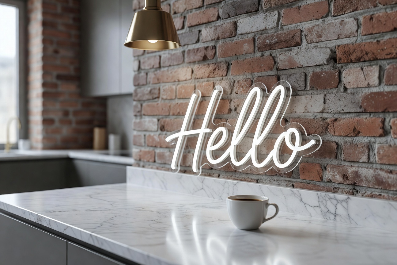 Néon LED blanc Hello dans une cuisine loft