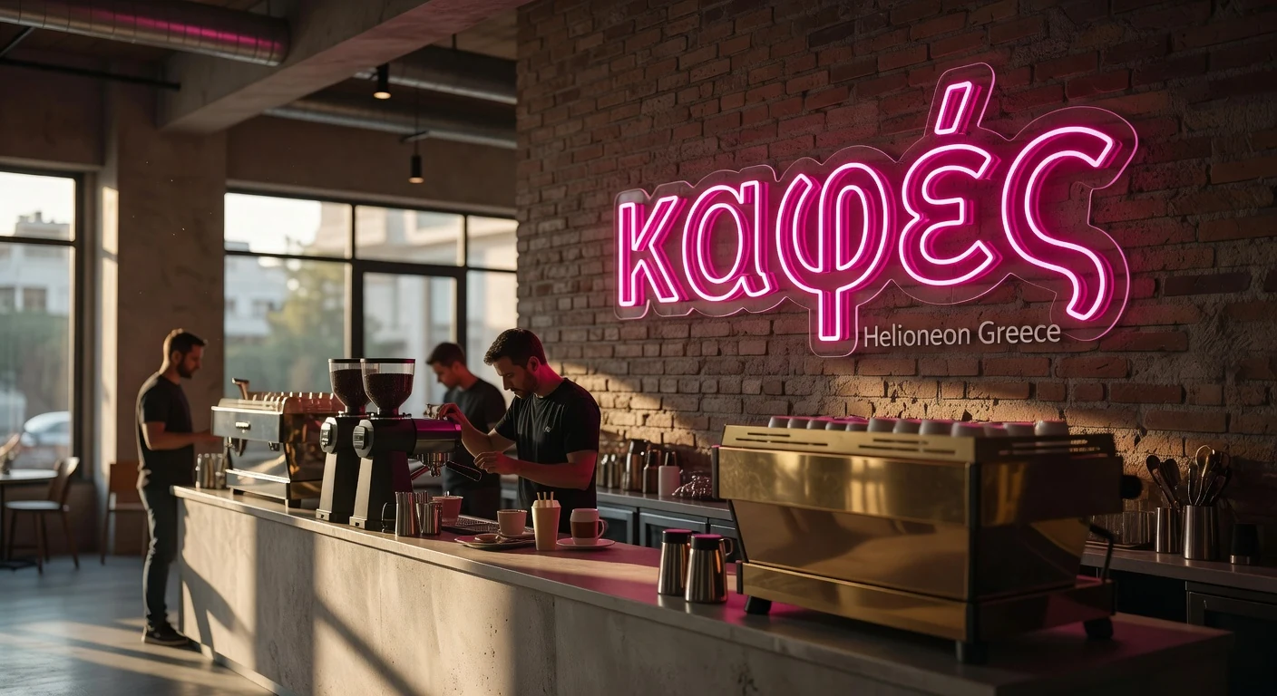 Ροζ neon led καφές πάνω από μηχανή espresso σε καφέ στη Θεσσαλονίκη