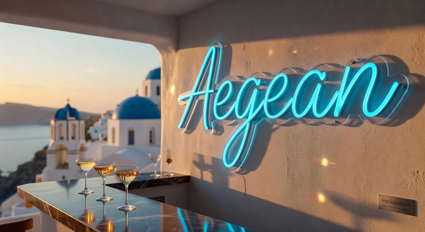 Τιρκουάζ neon led Aegean σε bar στη Σαντορίνη το ηλιοβασίλεμα